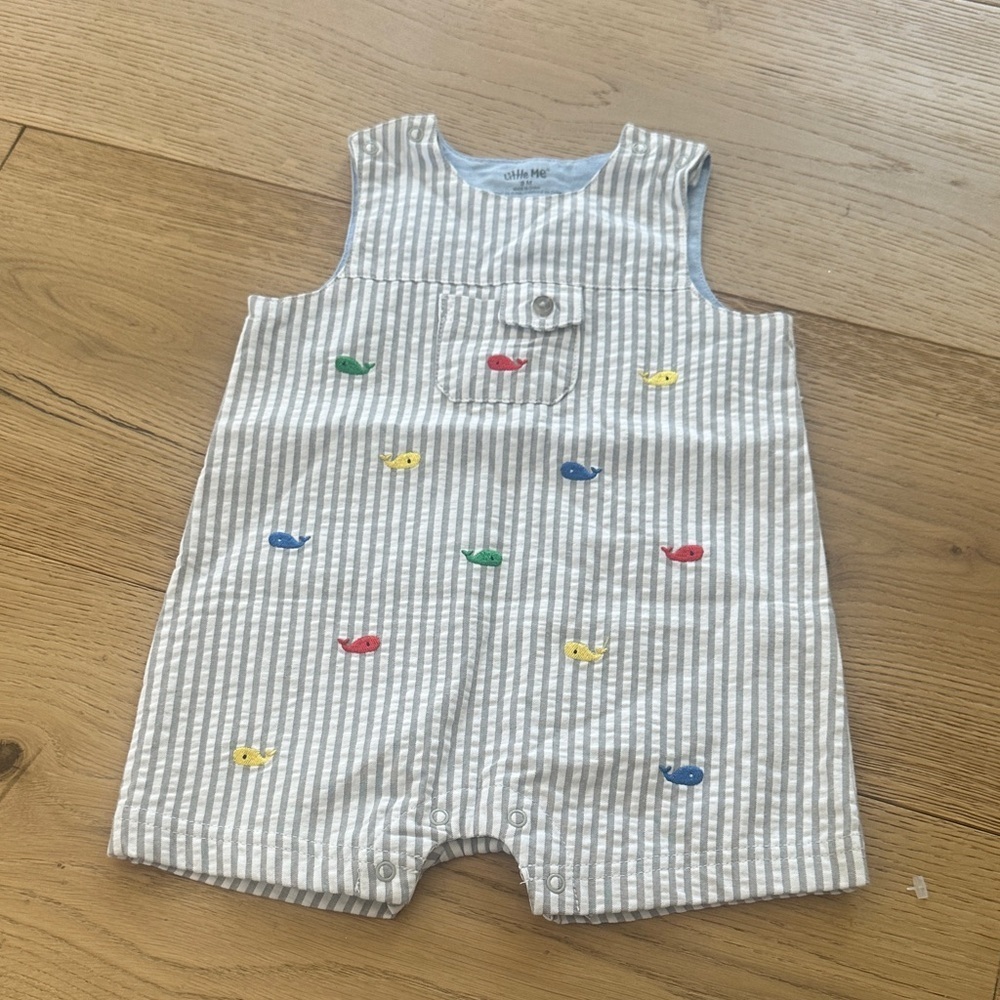 Little Me Blue and White Striped Baby Romper embroidered fishes 9m
